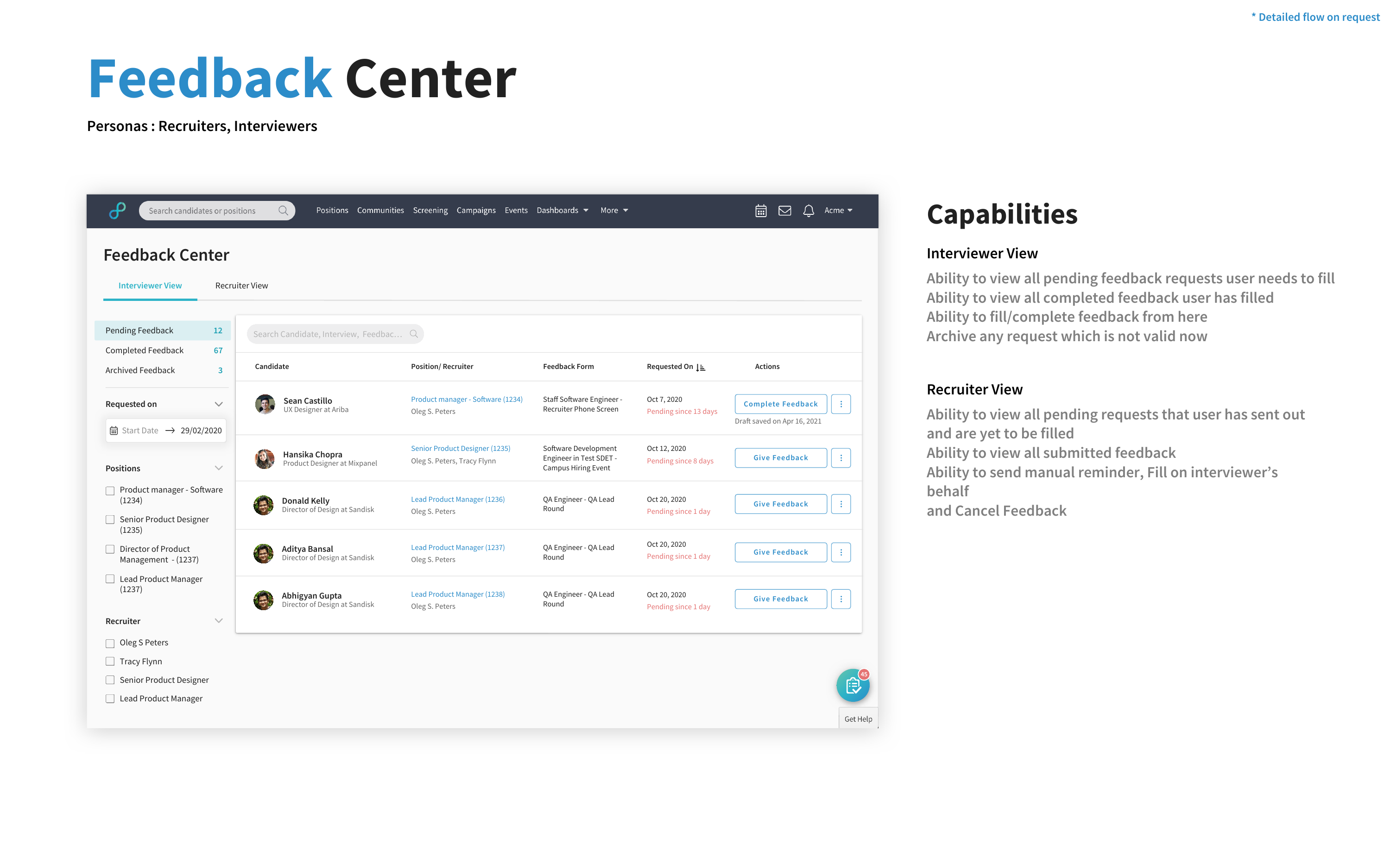 Feedback Center dashboard for interviewers and recruiters