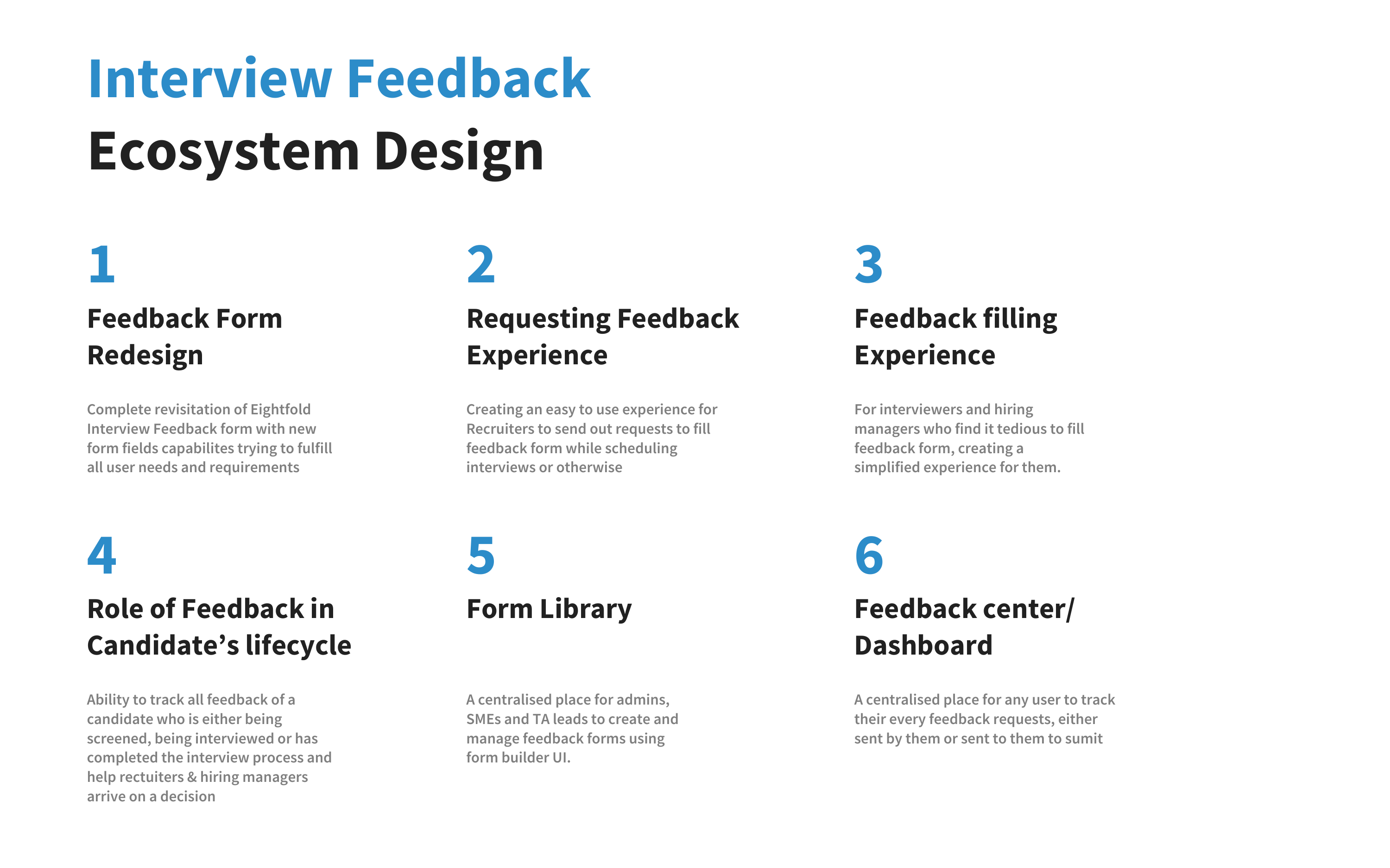 Interview Feedback ecosystem design showing six connected experiences